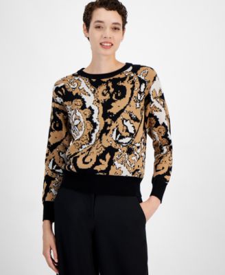 T Tahari - Women's Paisley-Print Crewneck Long-Sleeve Sweater