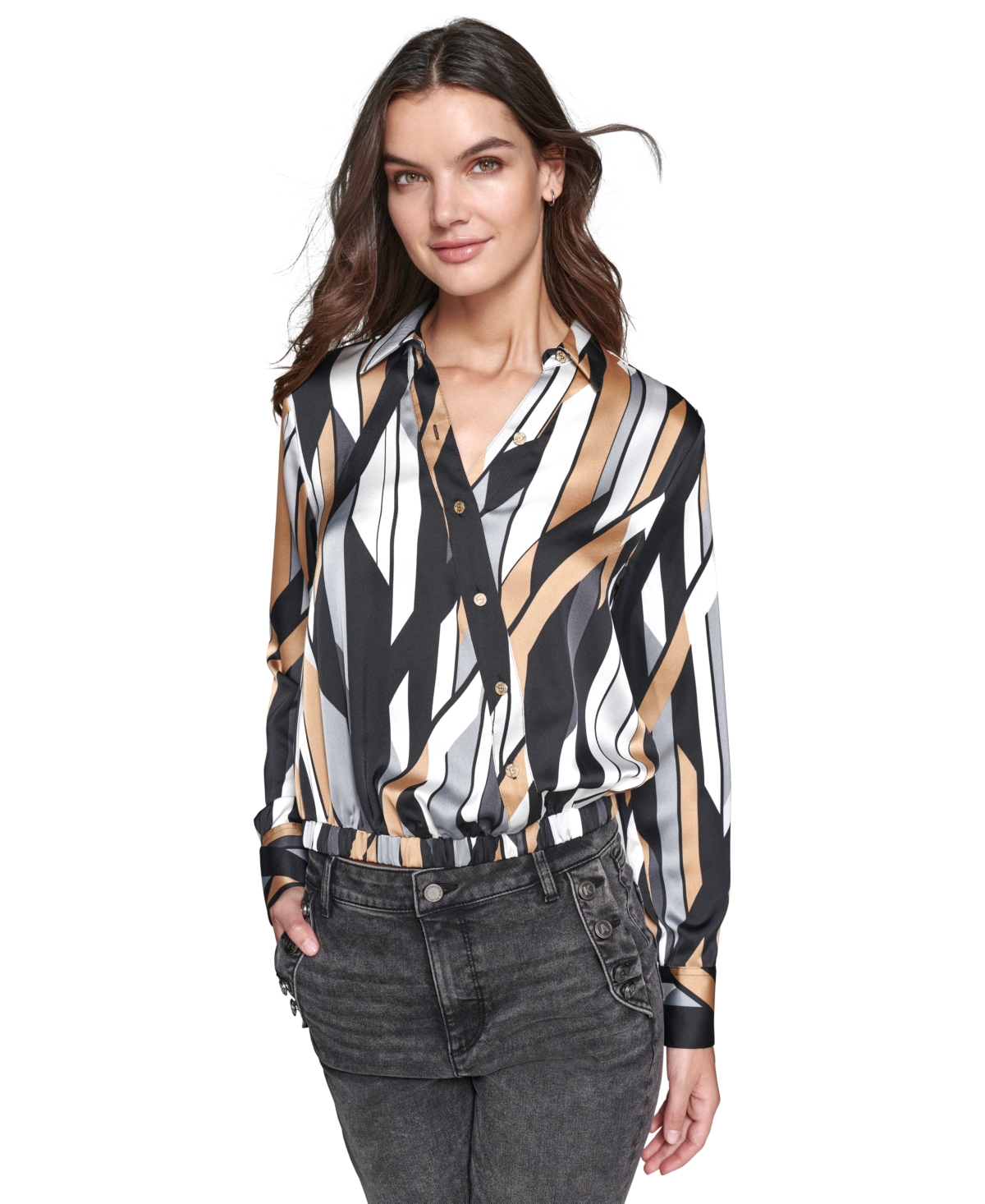 Karl Lagerfeld Paris Women's Geo-Printed Faux-Wrap Satin Top - Black  Silver