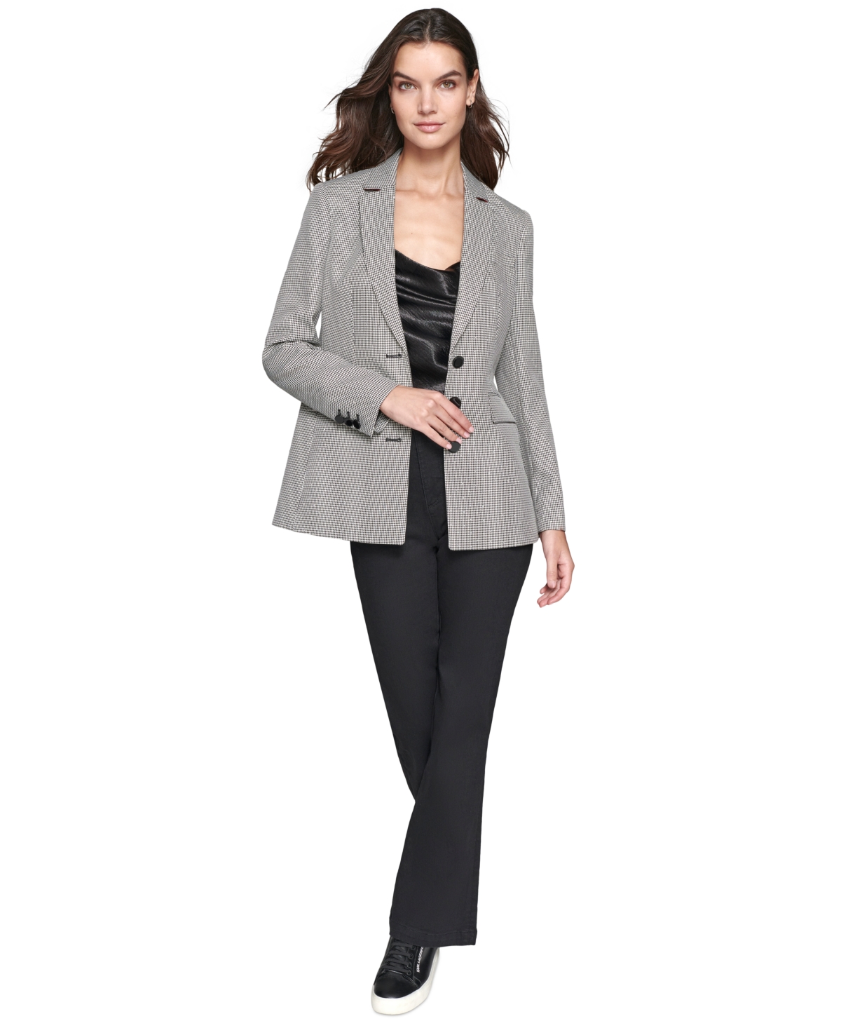 Karl Lagerfeld Paris Women's Sequined Houndstooth Blazer - Black  Soft White