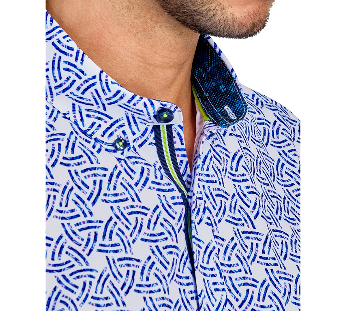 Society of Threads Men's Regular Fit Non-Iron Performance Stretch Geo Print Button-Down Shirt -blue