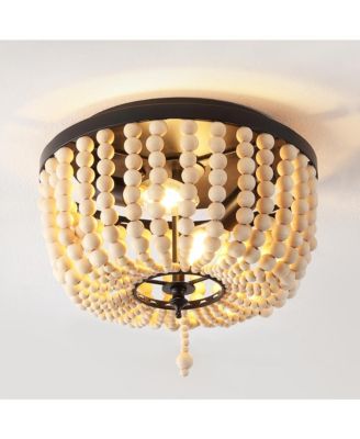 Allison 10" 2-Light Shabby Chic Farmhouse Wood Beaded/Metal LED Flush Mount, White