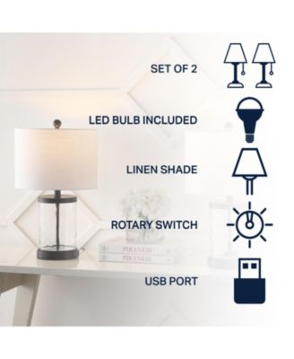 Alexander 21" Modern Designer Iron/Water Glass LED Table Lamp with USB Charging Port, Black/Clear (Set of 2)