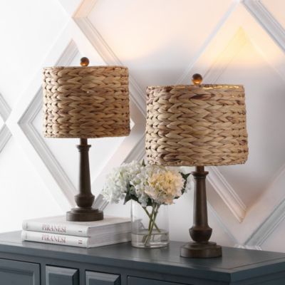 Leona 21.25" Rustic Farmhouse Handwoven Water Hyacinth/Resin LED Table Lamp, Brown Wood Finish (Set of 2)