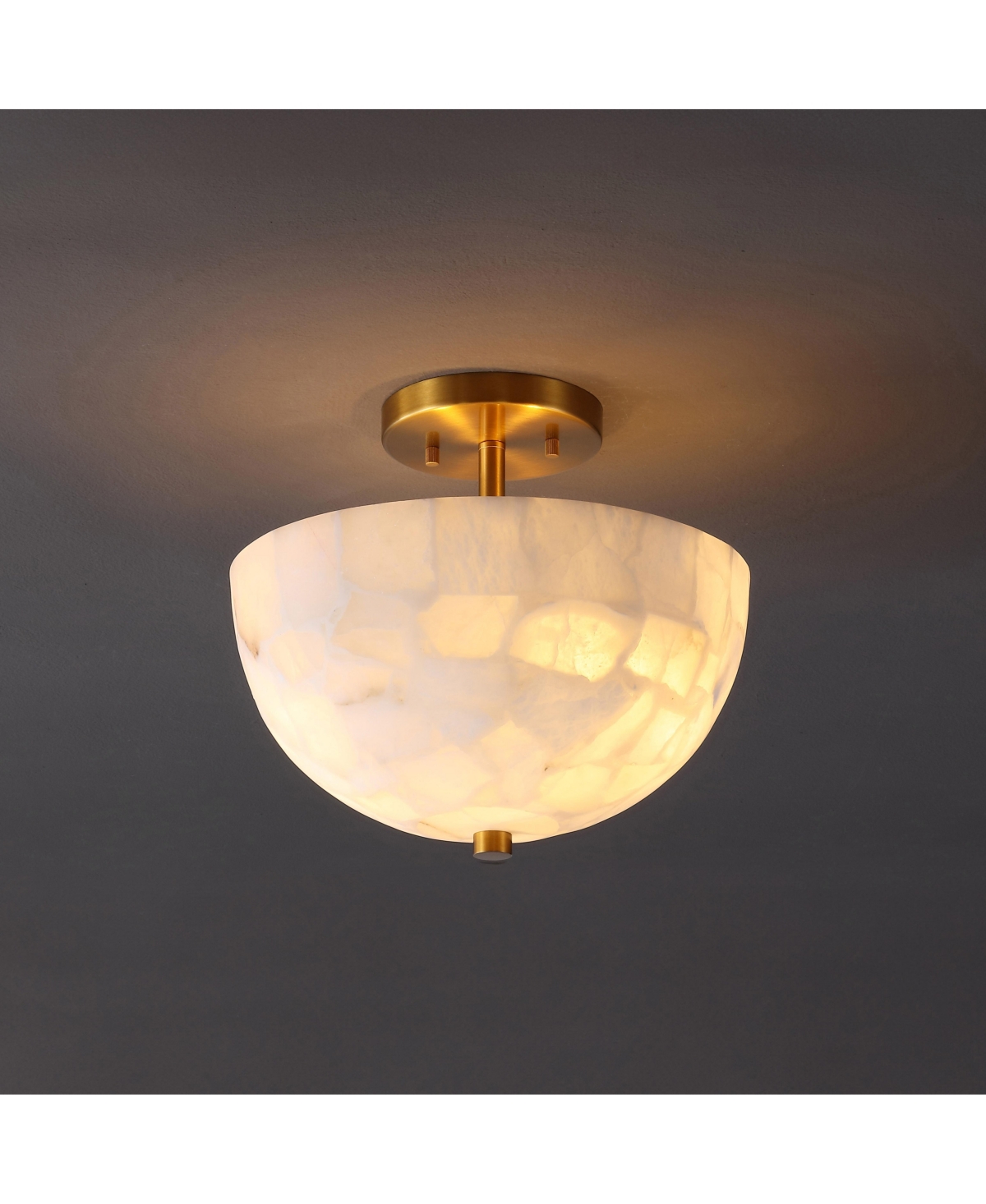 Jonathan Y Celine 11.88" 2-Light Modern Contemporary Alabaster/Iron Inverted Dome Led Semi Flush Mount, White Marbling/Brass Gold
