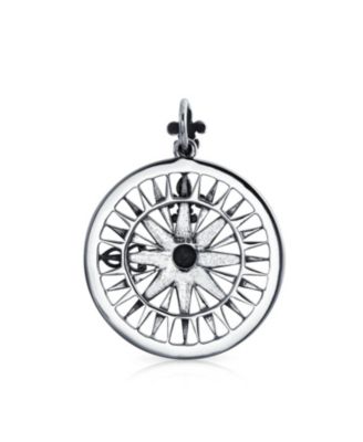 Round Medallion Large Celtic Fleur De Lis Nautical Rose Compass Pendant Necklace Oxidized Sterling Silver