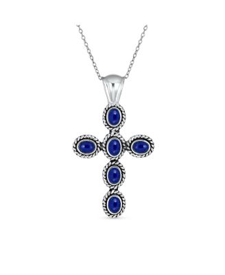 South Western Style Blue Natural Lapis Lazuli Rope Bezel Set Cross Pendant Sterling Silver Necklace 18 In Chain 1.5 In