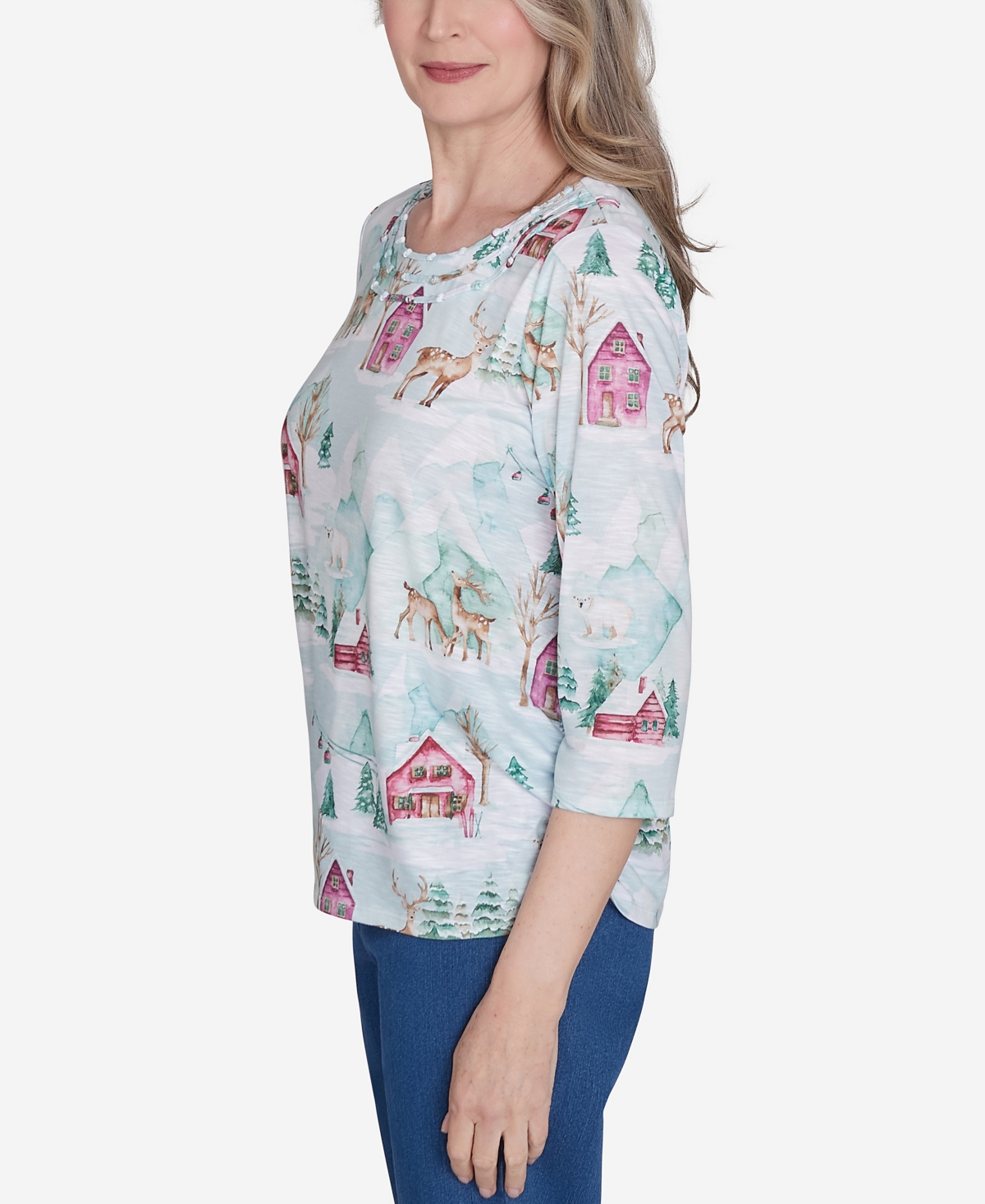 Alfred Dunner Plus Size Classic Triple Notch Neck Deer Village Top In Multi Green