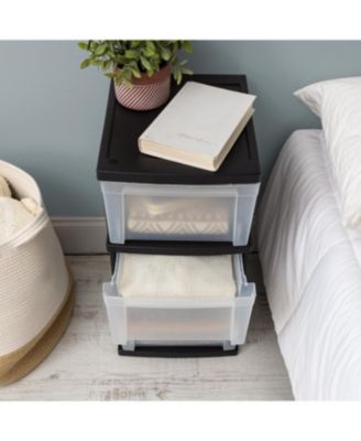 3-Drawer Plastic Storage Dresser, 2-Pack, Standing Organizer Storage Container Bin with Drawers for Clothes Crafts Classroom Bedroom Dorm, Black/Clear