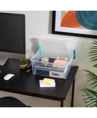 12 Qt. Large Deep Clip Box, 4 Pack, Clear Plastic Storage Container Bins with Latching Lids, Organizer Solution for Home, Office and Classroom, Stackable Nestable, Seafoam Blue Buckles