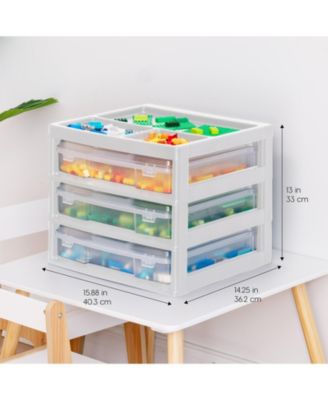 USA Fits 12" x 12" Paper 3-Tier Scrapbook Storage Unit with Organizer Top for Building Blocks Lego Papers, White/Clear