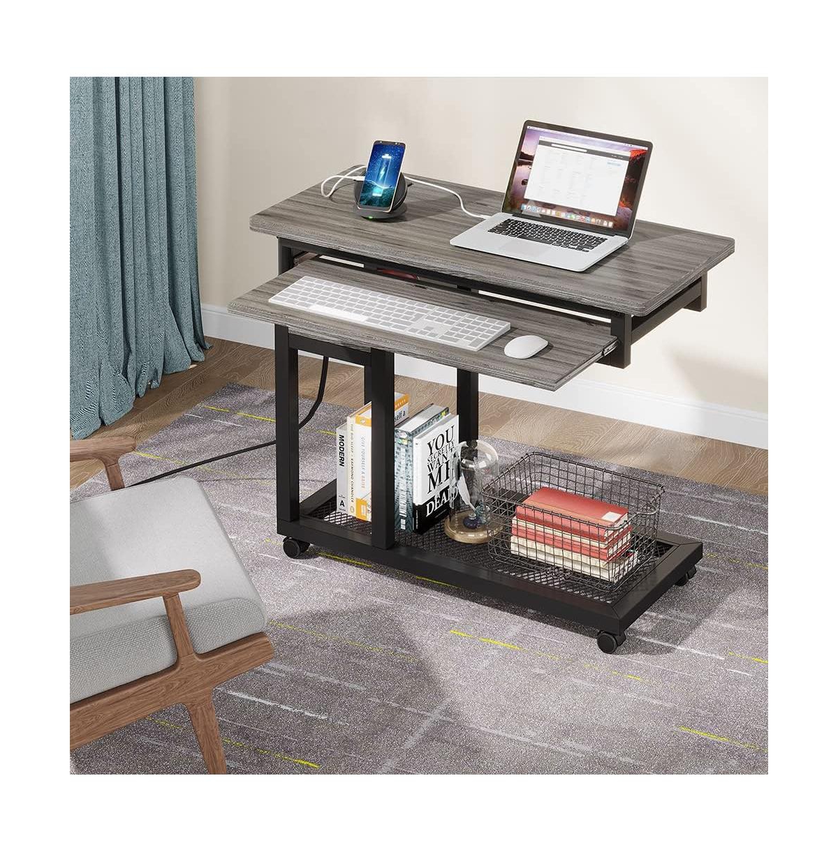Tribesigns Portable Desk with Power Outlet, Height Adjustable Sofa Couch Bedside Laptop Table with Wheels, Mobile Standing Desk Rolling Computer