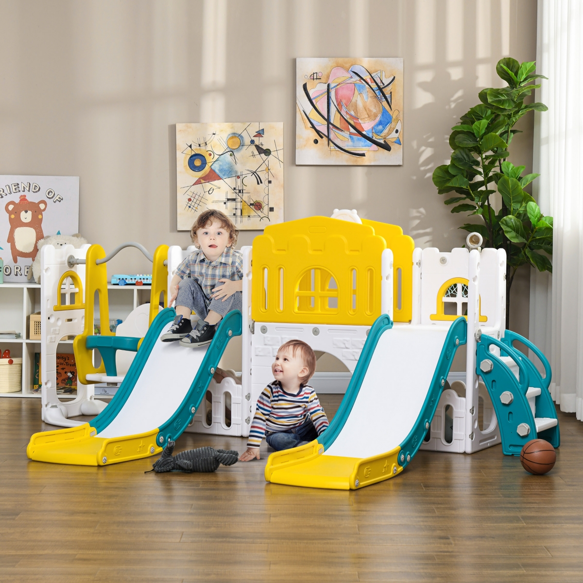 Qaba 8 in 1 Toddler Slide and Swing Set with 2 Slides for Ages 1-3, Yellow