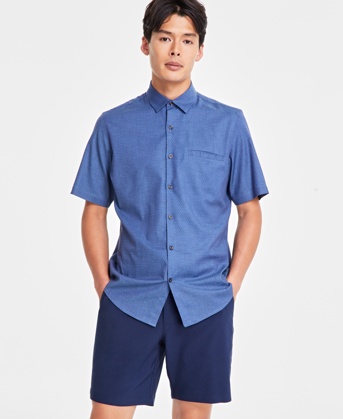 Men's Short-Sleeve Modern Stretch Dobby Shirt, Created for Macy's - Navy Combo