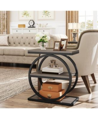 Narrow End Table with 3 Storage Shelves, Wood Side Table with Black Metal Frames, Industrial Sofa Side Table, Nightstand and Bedside Table