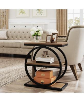 Narrow End Table with 3 Storage Shelves, Wood Side Table with Black Metal Frames, Industrial Sofa Side Table, Nightstand and Bedside Table