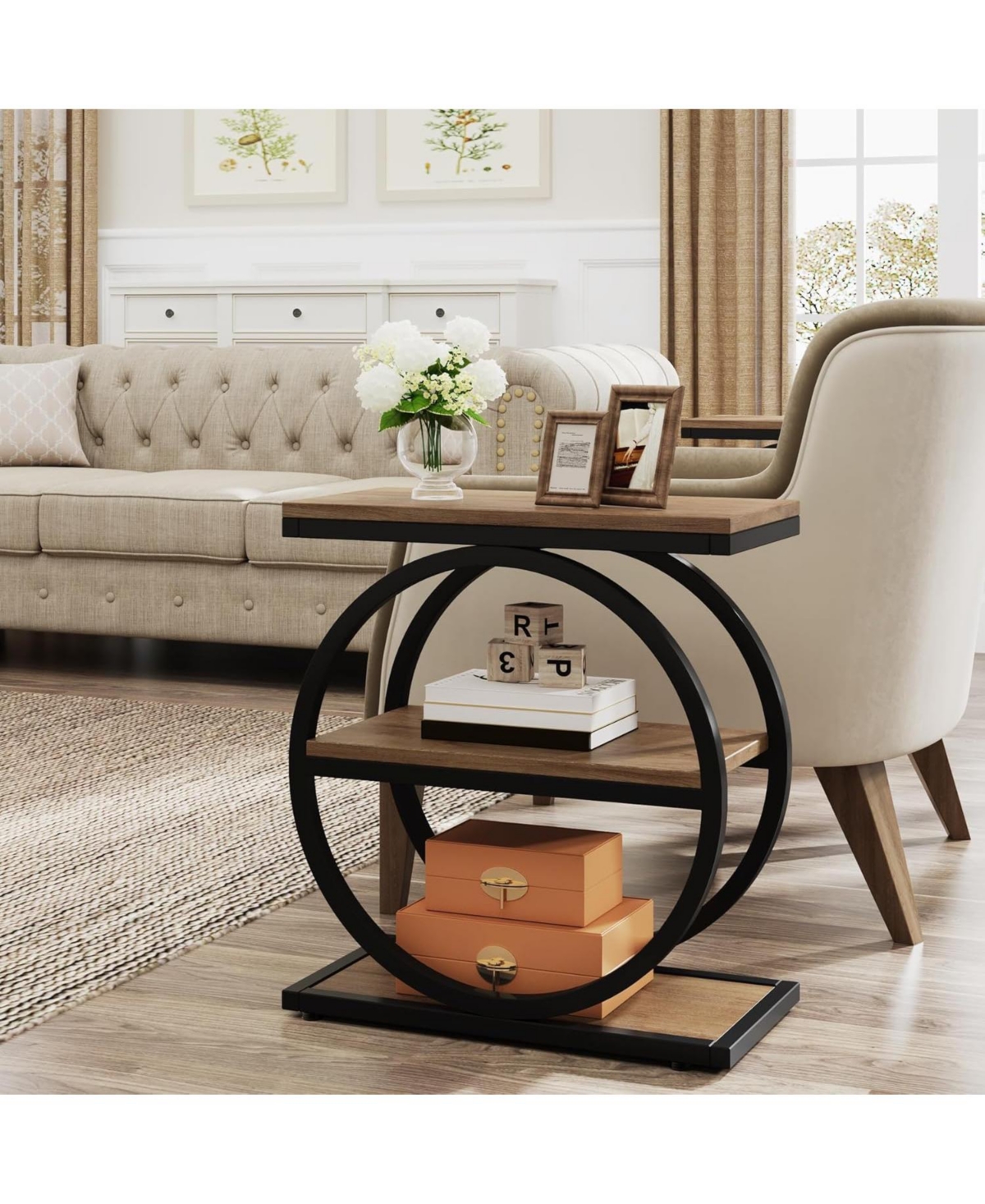 Tribesigns End Table, Narrow End Table with 3 Storage Shelves, Wood Side Table with Black Metal Frames, Industrial Sofa Side Table for Living Ro