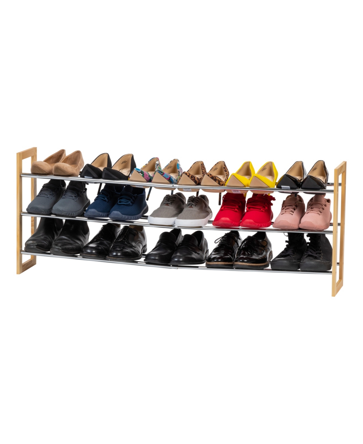 3 Tier Extendable Pine Wood and Metal Shoe Rack for Entryway, Up to 15 pairs - Brown