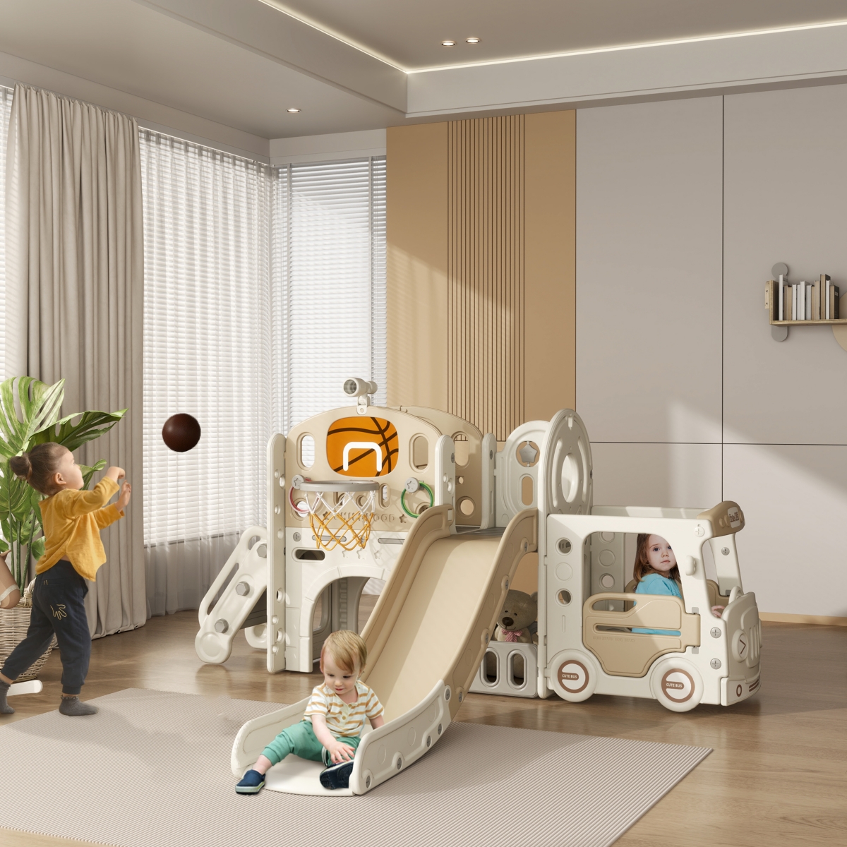 Qaba 1 Toddler Slide for Kids Ages 1-6 with Car Design,- Cream white