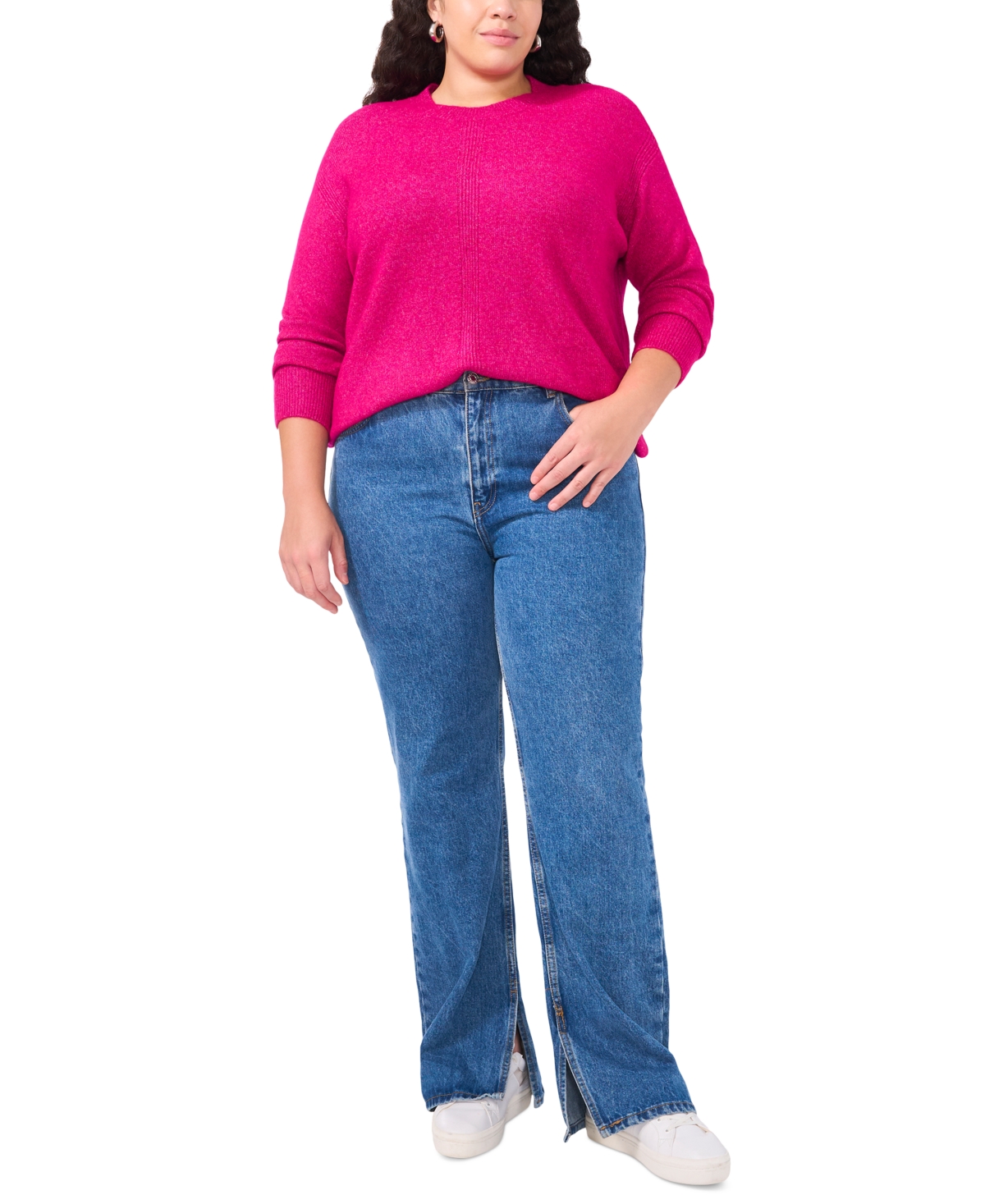 VINCE CAMUTO PLUS SIZE RIBBED-FRONT CREWNECK SWEATER 