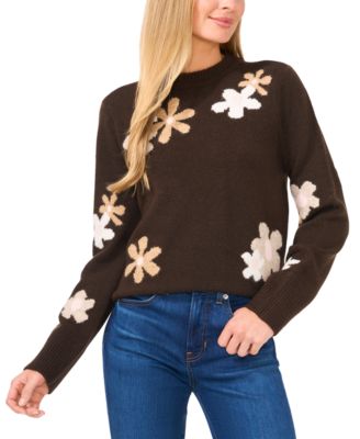 Women's Crewneck Flower Patterned Knit Long-Sleeve Sweater