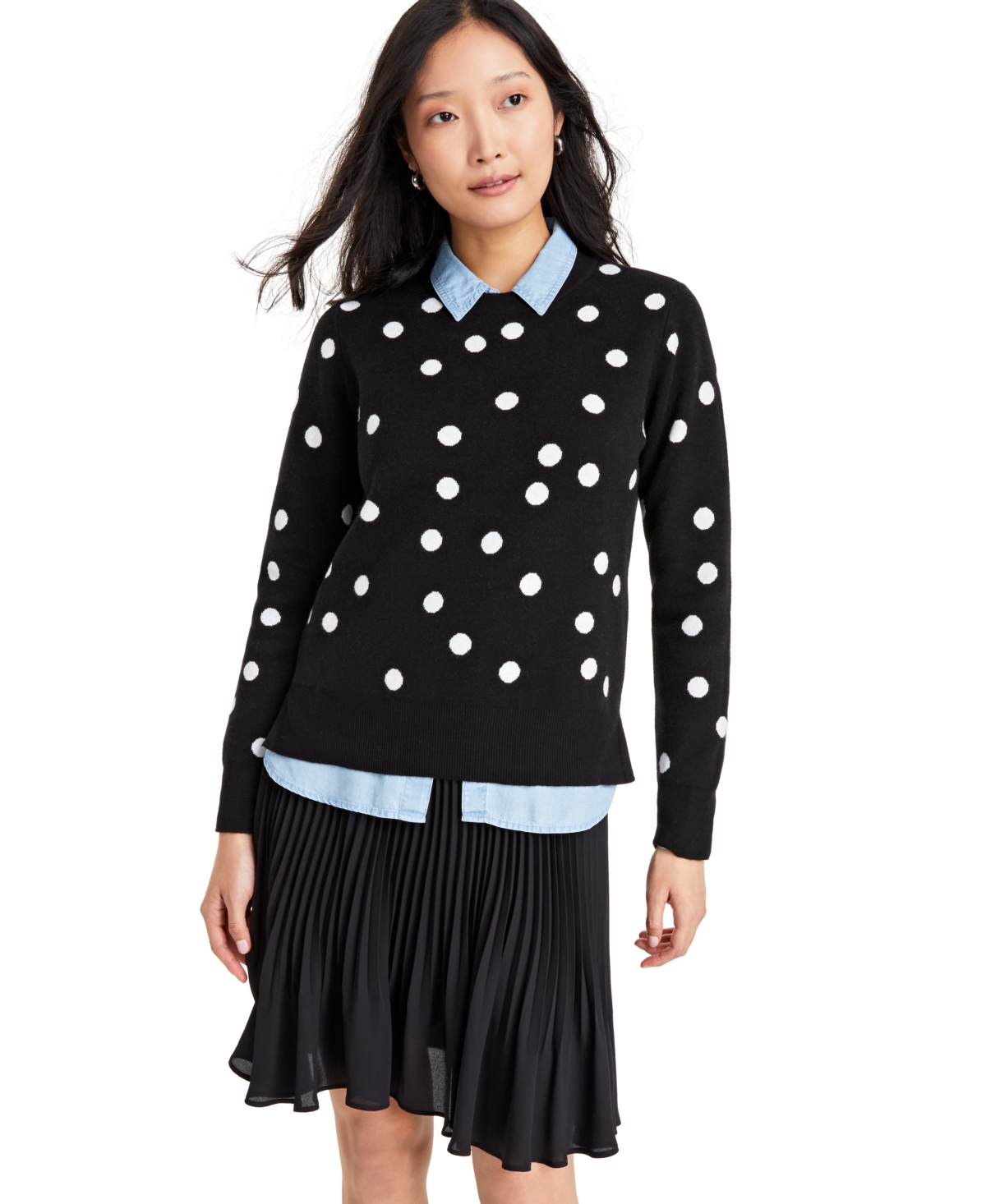 Shop On 34th Women's Crewneck Long-sleeve Sweater, Created For Macy's In Black Dot