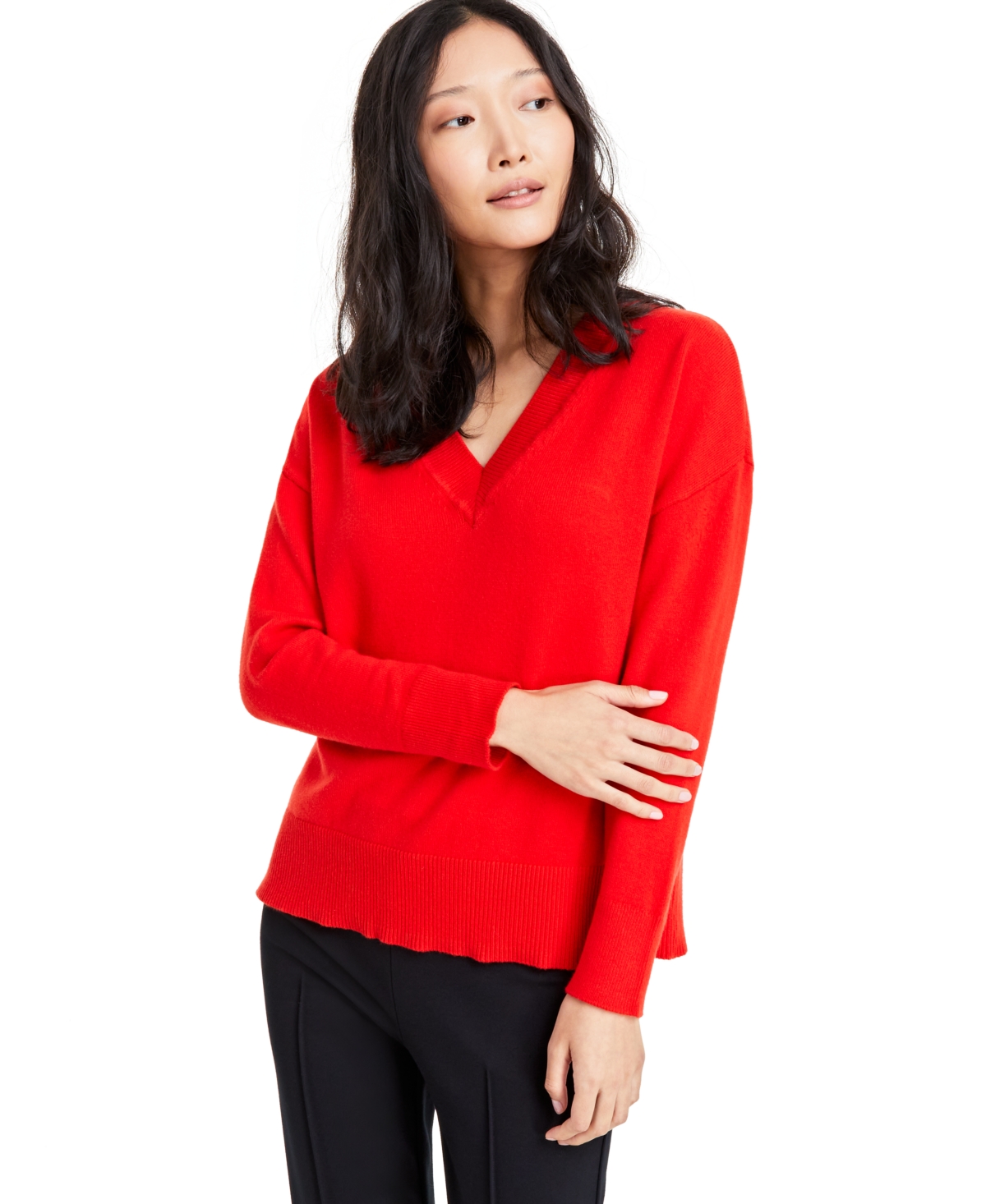 On 34th Women's V-neck Dropped-shoulder Sweater, Created For Macy's In Fiery Red