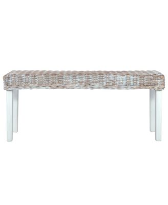 Bench 43.3" White Natural Kubu Rattan and Solid Mango Wood