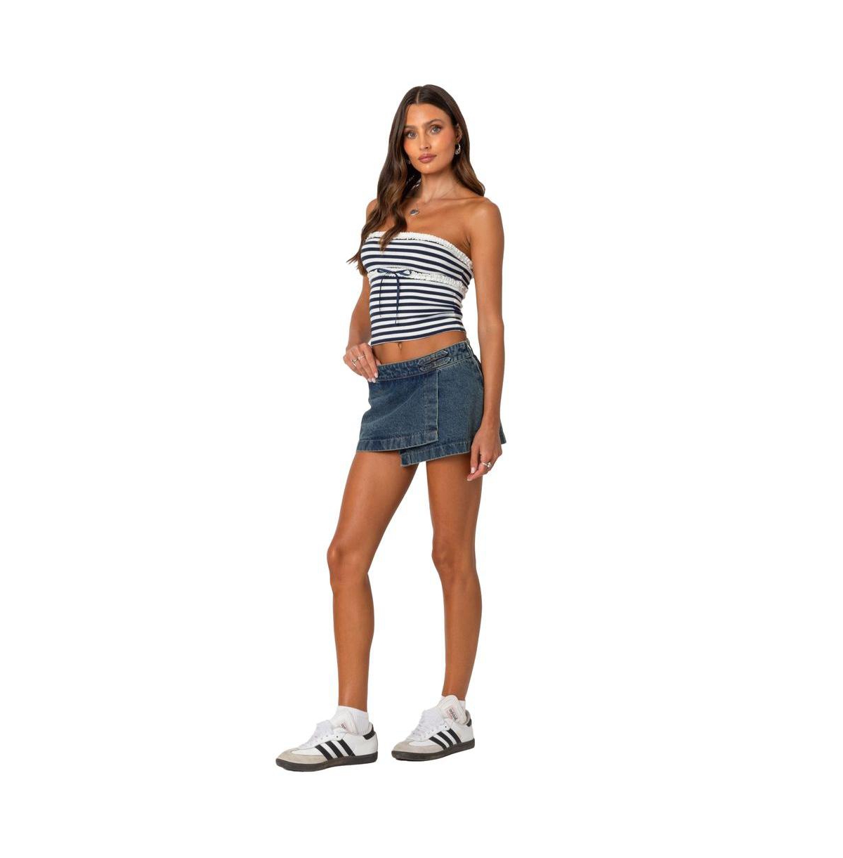 Edikted Women's Striped Eyelet Trim Tube Top - Navy-and-white