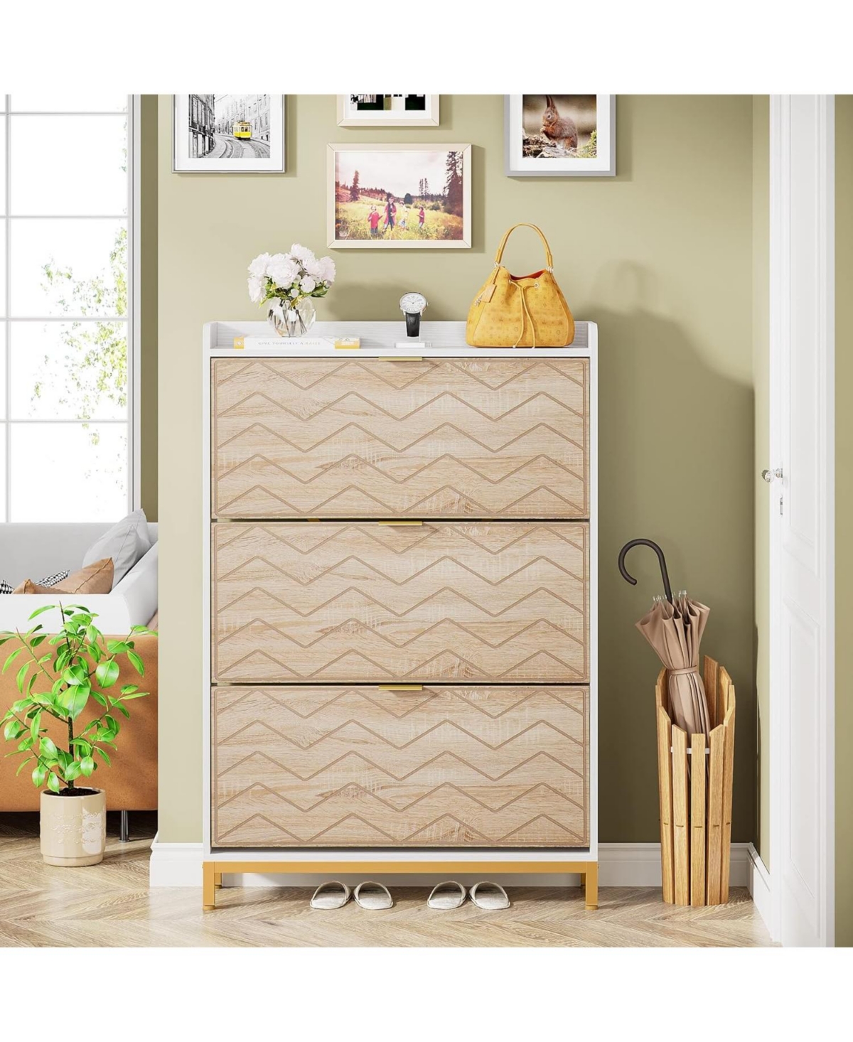 Tribesigns Shoe Cabinet, Modern Shoe Storage Cabinet with 3 Flip Doors & Adjustable Shelf, Wooden 18-24 Pair Shoe Rack Organizer with Flip Drawers for