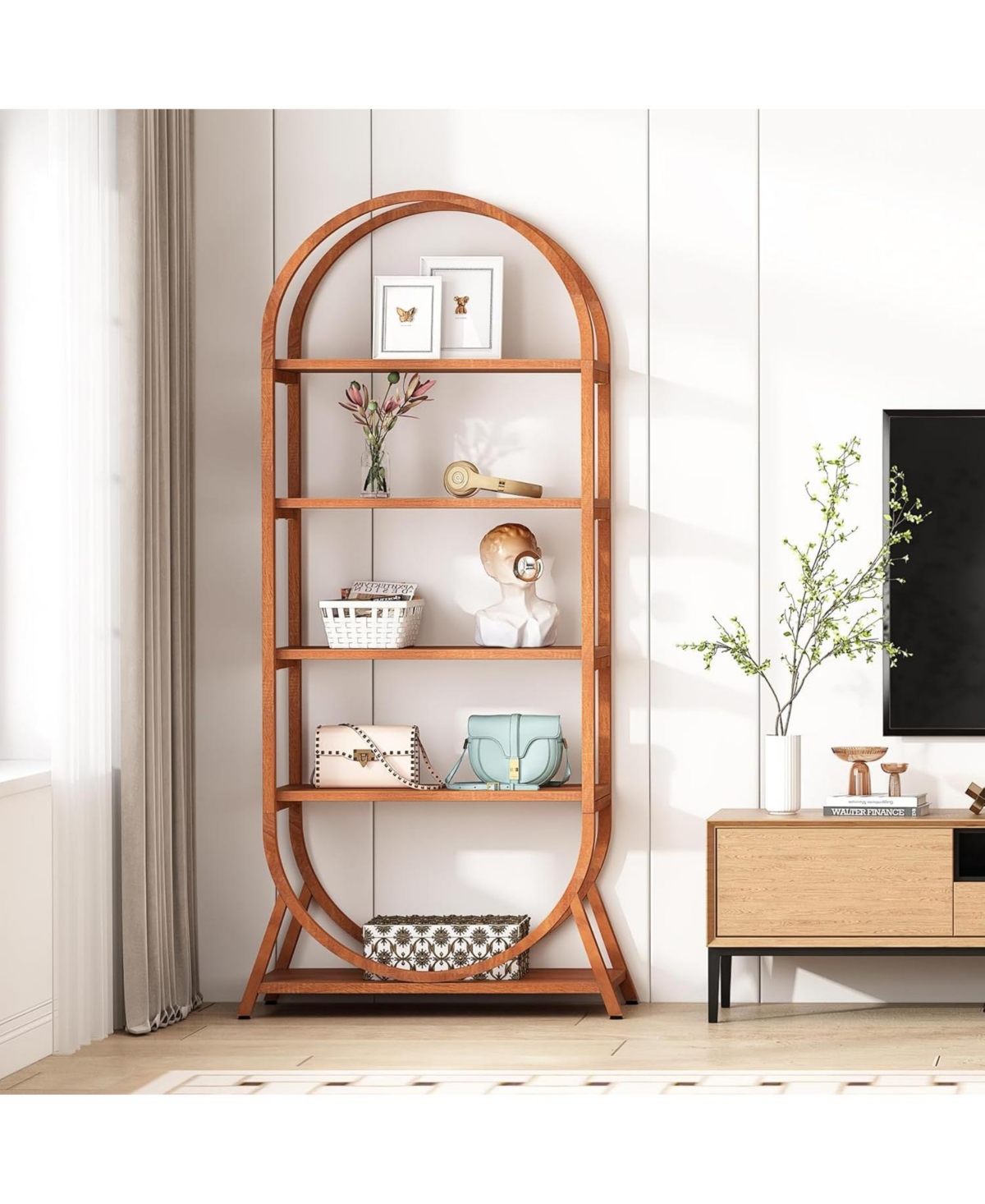 Tribesigns 5-Tier Open Bookshelf, Tall Arched Bookcase, Modern Brown Storage Bookshelves, Freestanding Display Rack Shelving Unit for Office, Be