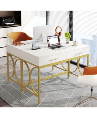 Modern Computer Desk with 2 Drawers, 41 Inches Study Writing Office Desk, Makeup Vanity Table Desk with Gold Metal Frame, White & Gold