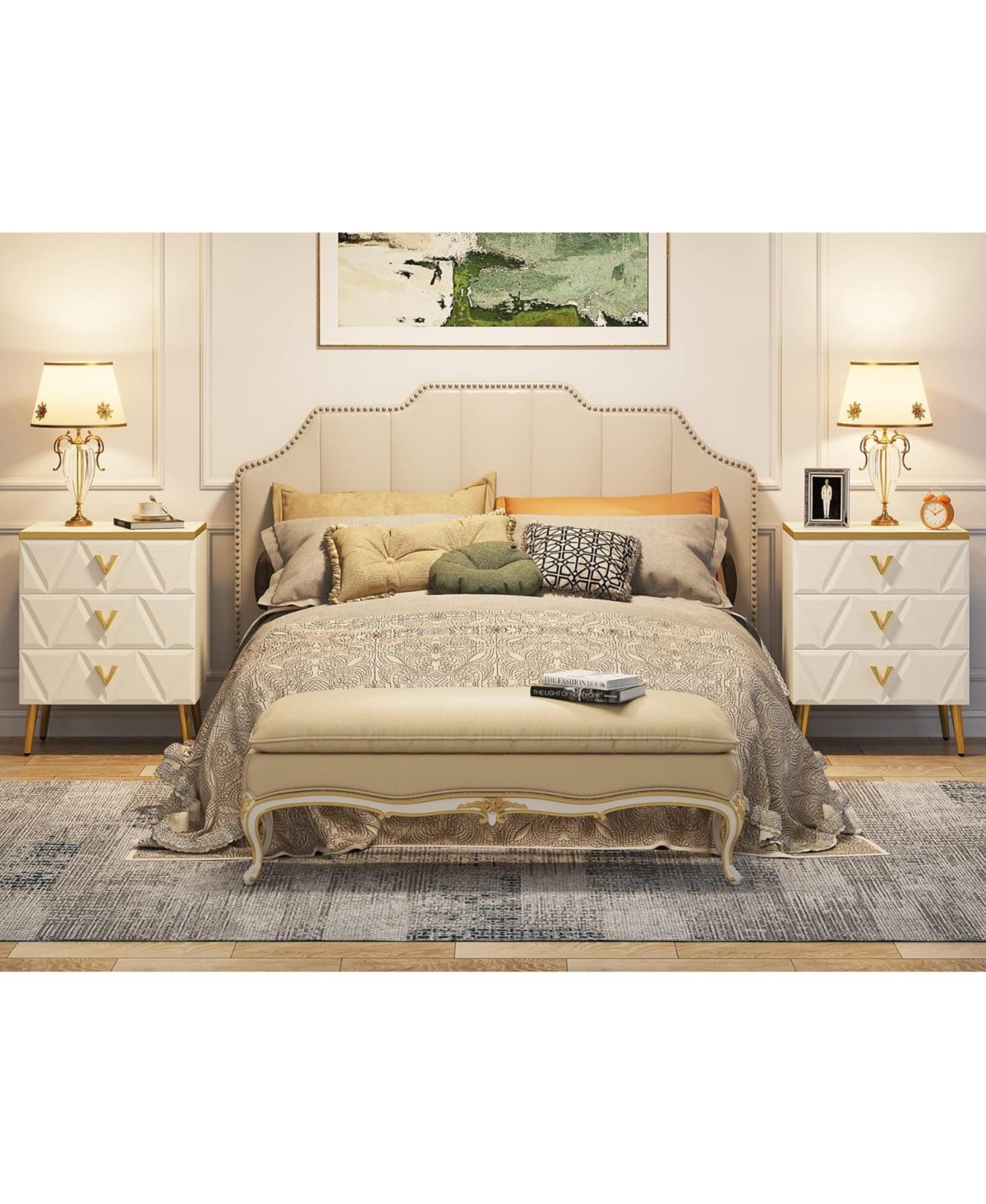 Tribesigns 3-Drawer Nightstand Set of 2, Luxury Bedside Table End Table with Storage Drawers and Golden Legs, Modern Nightstand for Bedroom - White an