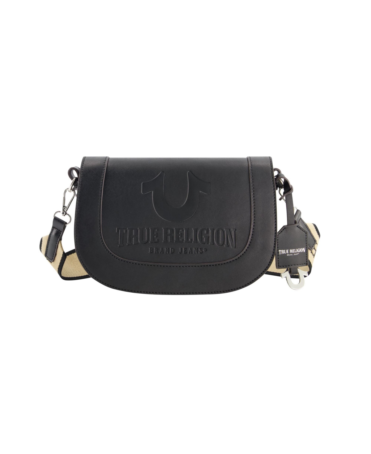 debossed logo flap shoulder bag - Black