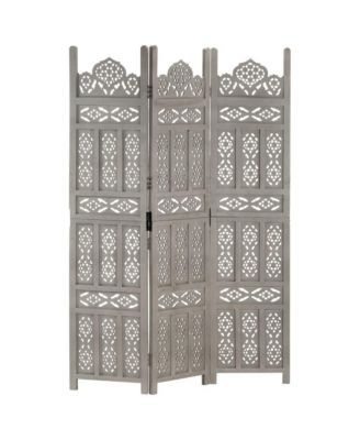 Hand carved 3-Panel Room Divider Gray 47.2"x65" Solid Mango Wood