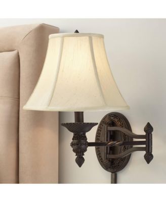 Swing Arm Wall Lamp Bronze Plug-In Light Fixture Beige Softback Bell Shade for Bedroom Bedside Living Room Reading