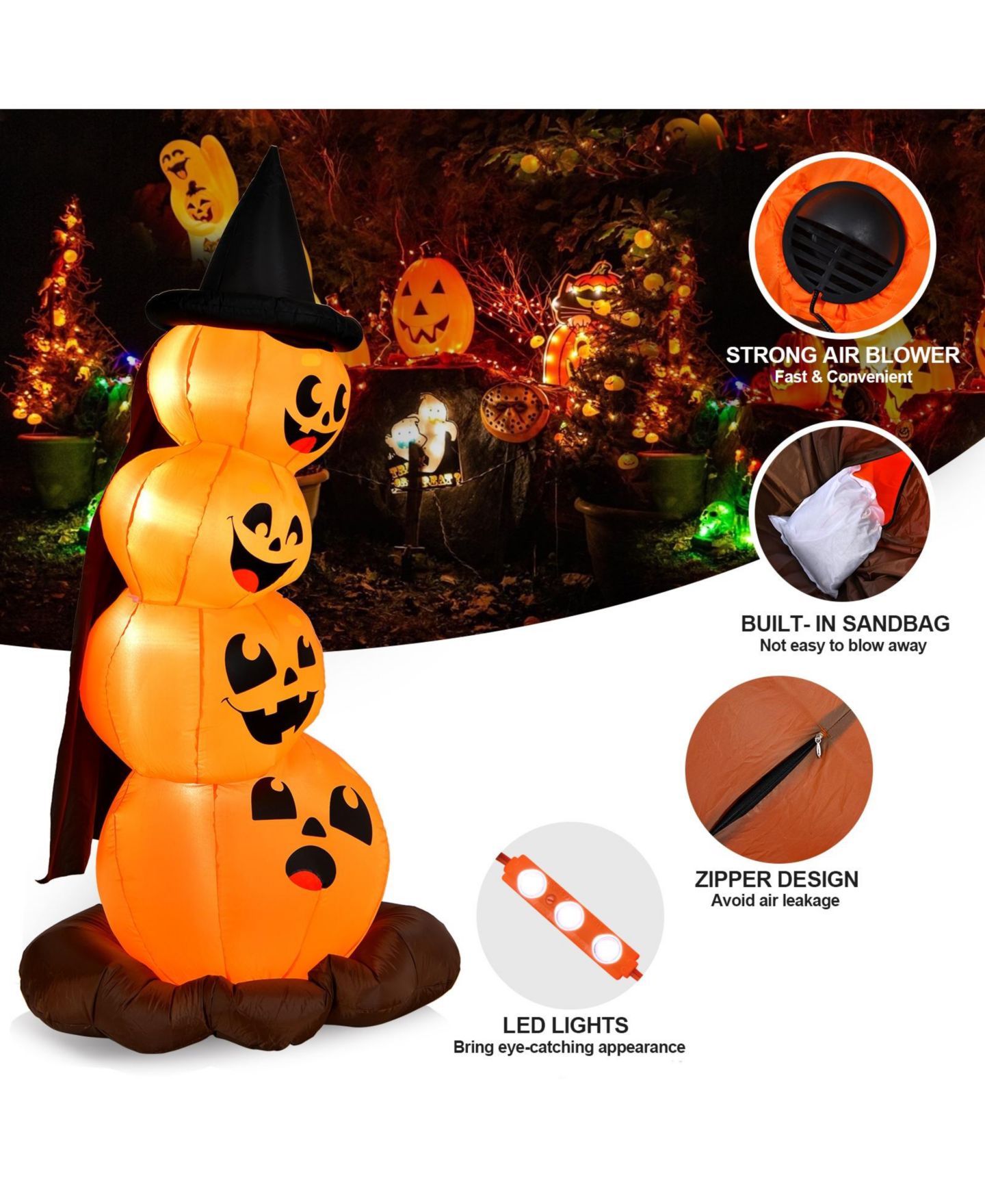 Детские игрушки VEBREDA 7 Feet Halloween Inflatable Pumpkin Combo with Witch's Hat and LED Lights, цвет: Оранжевый — фото 3