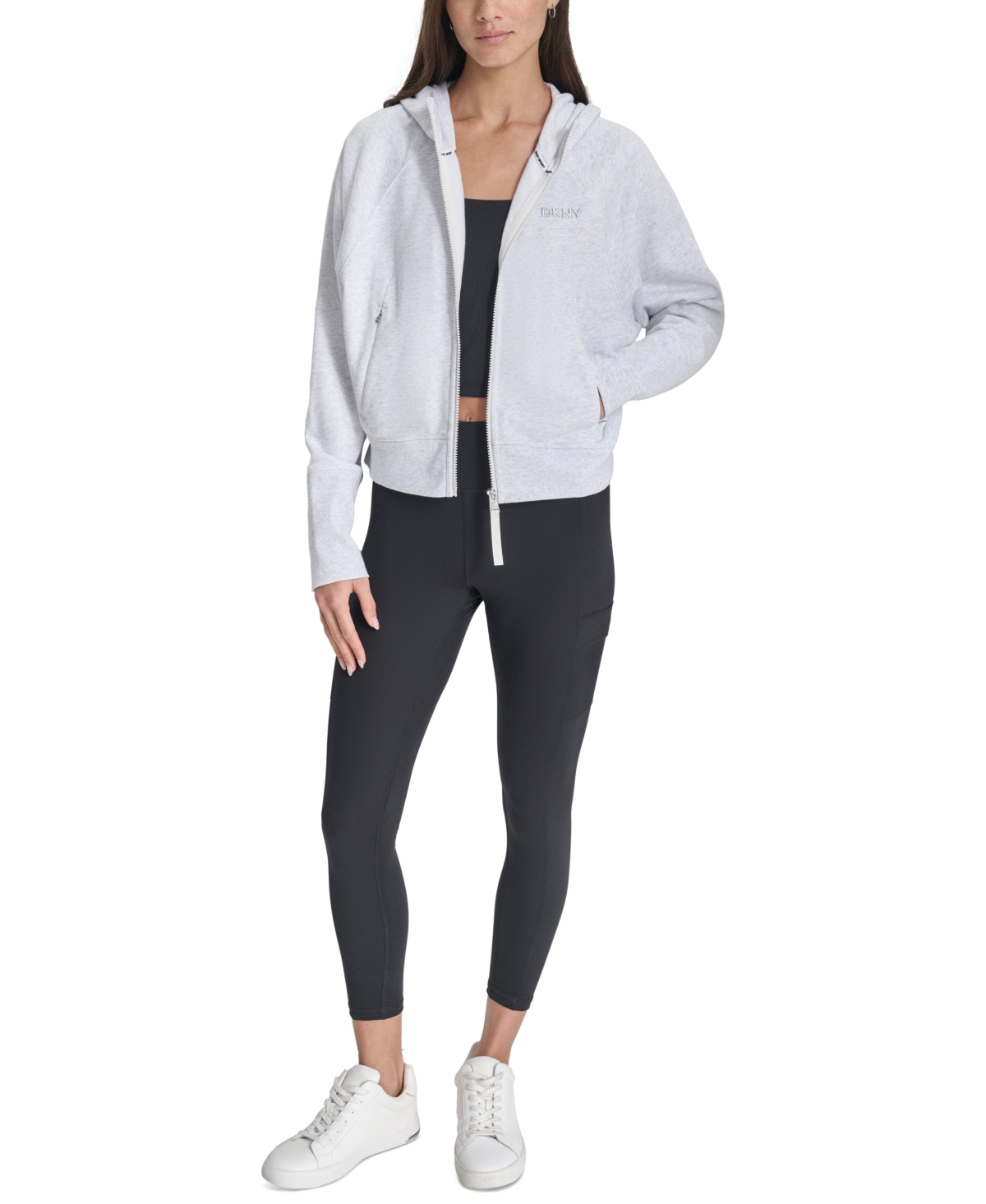 Dkny Women's Embroidered-Logo Cropped Zip-Front Fleece Hoodie