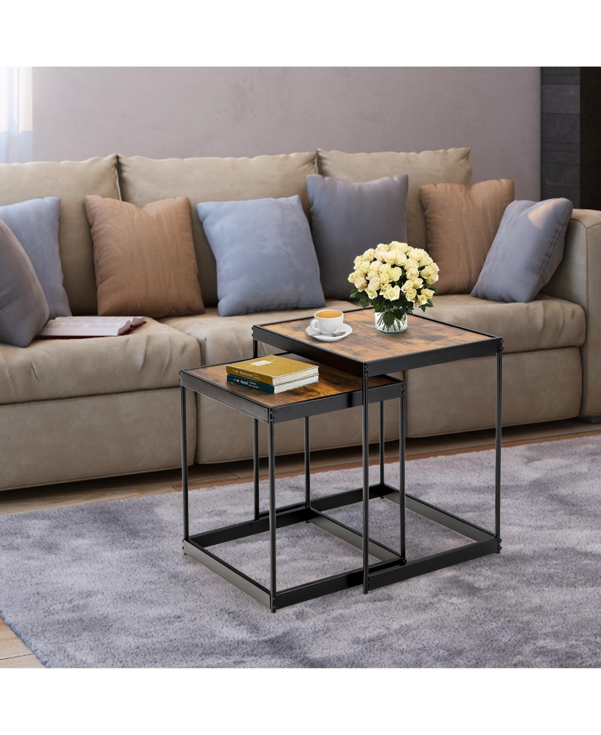 Sugift Set of 2 Modern Nesting End Tables with Metal Legs for Living Room-Rustic- Brown