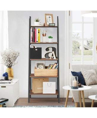 5 Tier Leaning Bookshelf Wood Metal Bookcase