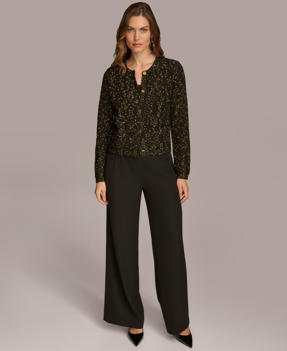 Donna Karan New York Women's Metallic Flecked Knit Cardigan -Gold