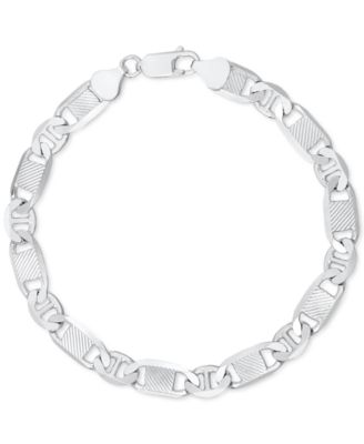 Italian Silver Men's Textured Mixed Mariner Link Chain Bracelet in 14k Gold-Plated Sterling Silver - Silver