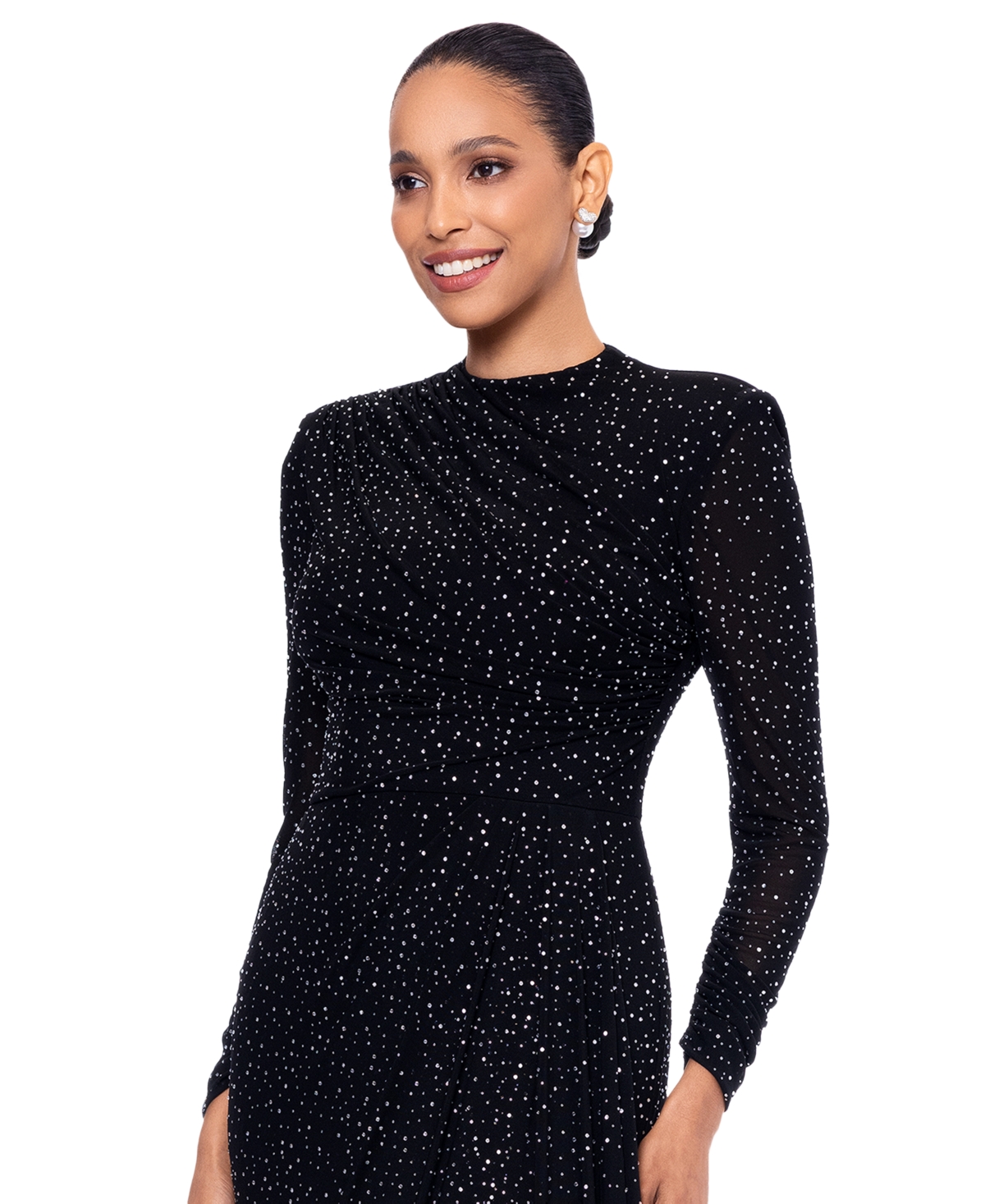 Betsy & Adam Rhinestone Long Sleeve Stretch Gown In Black,silver
