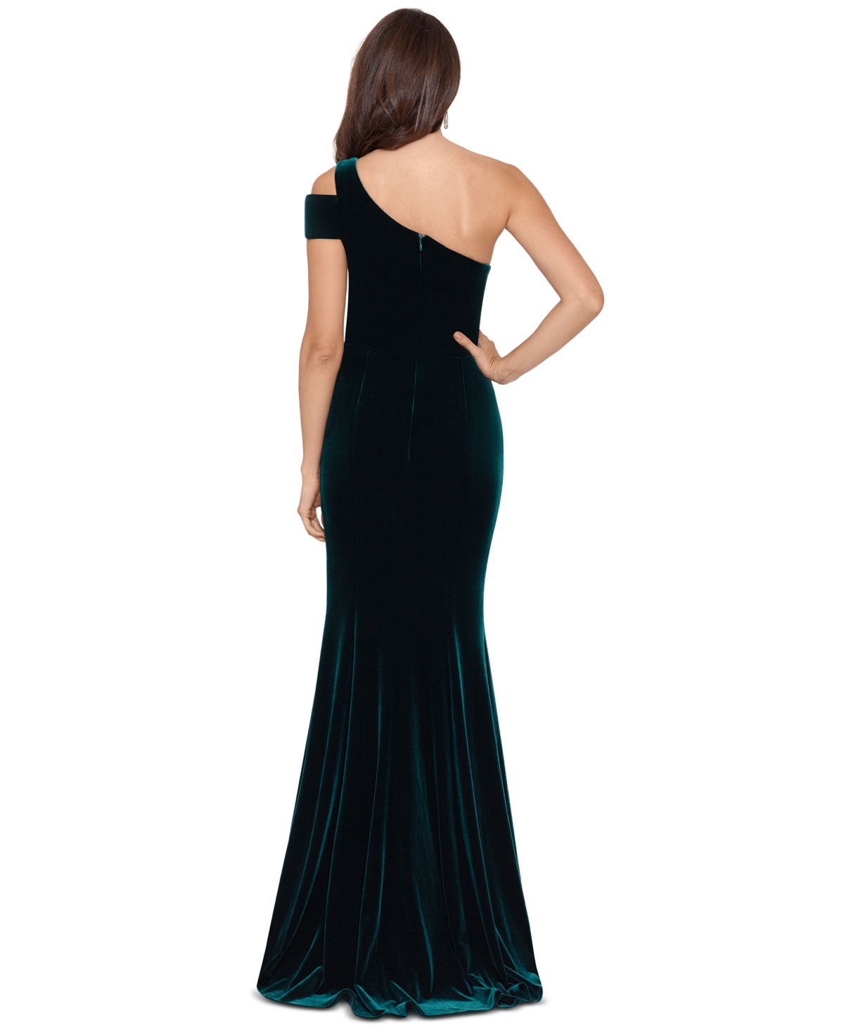 Betsy & Adam Velvet One-Shoulder Gown
