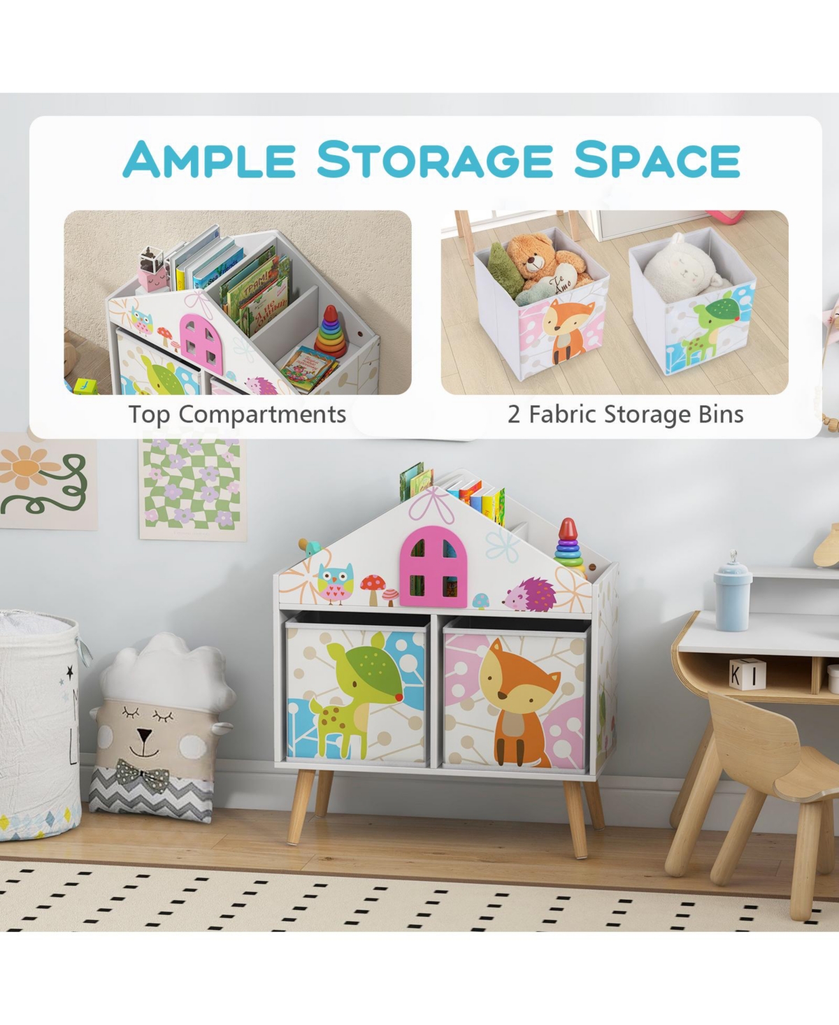 Sugift Kids House-shaped Bookshelf with 2 Storage Bins for Kids Room Playroom- White