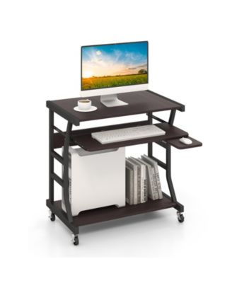 Mobile Computer Desk with Keyboard Tray Mouse Tray and Shelf-Dark Brown