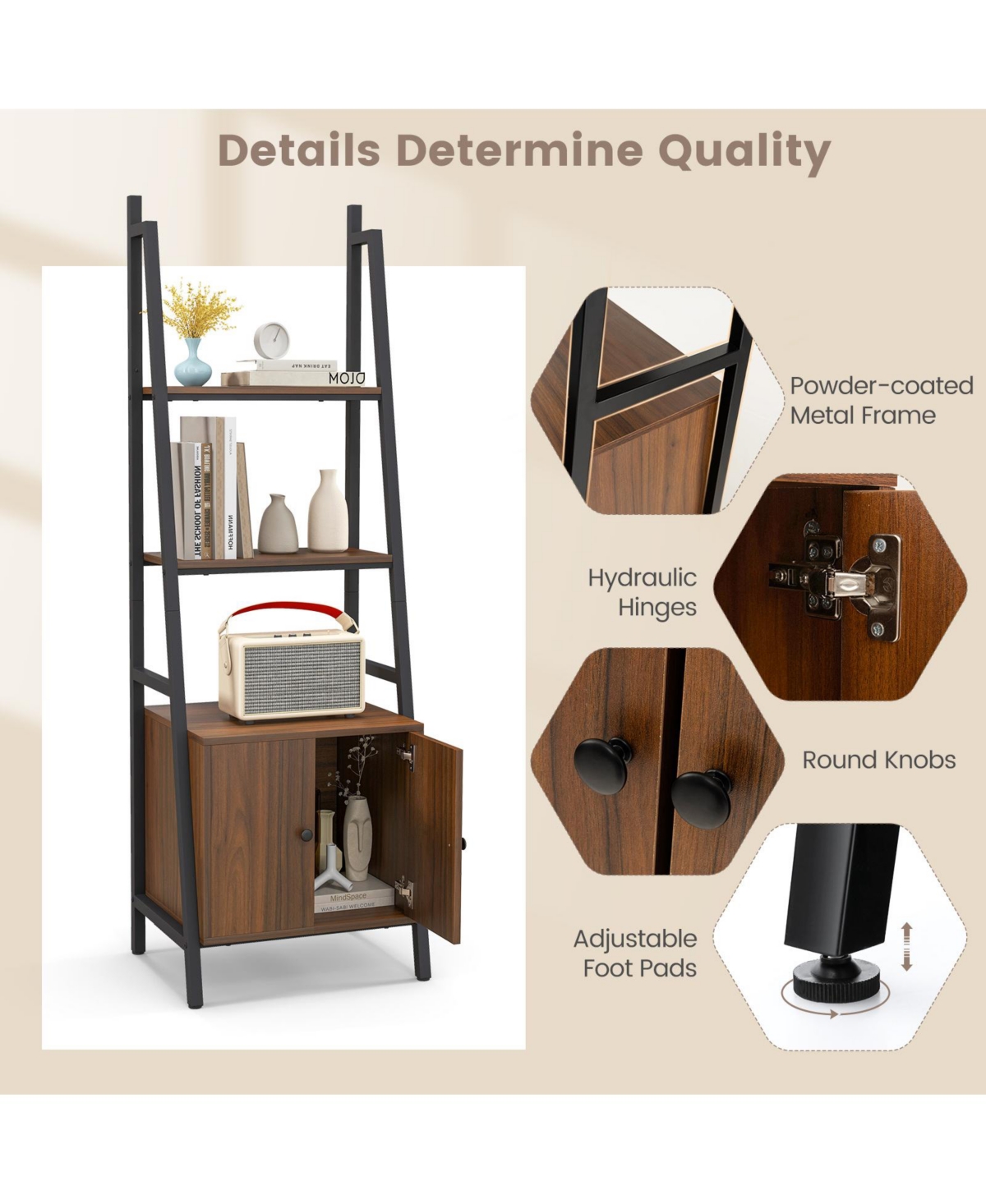 Sugift 4-Tier Ladder Shelf with Cabinet and Metal Frame-Rustic- Brown