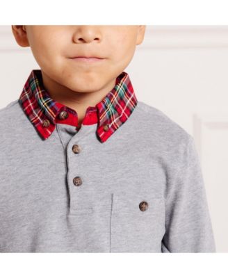 Boys Long Sleeve Polo Shirt with Woven Collar and Elbow Patches