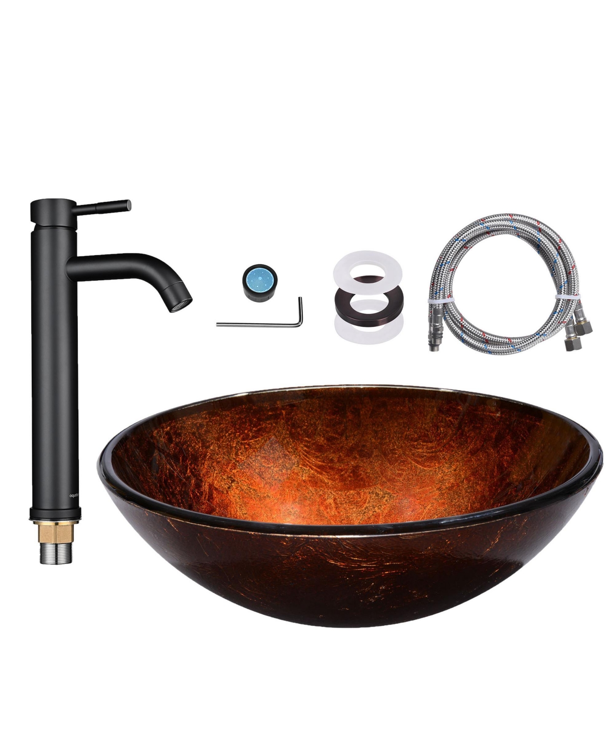 Tempered Glass Vessel Sink w/ Orb Single Hole Faucet Mounting Ring - Red