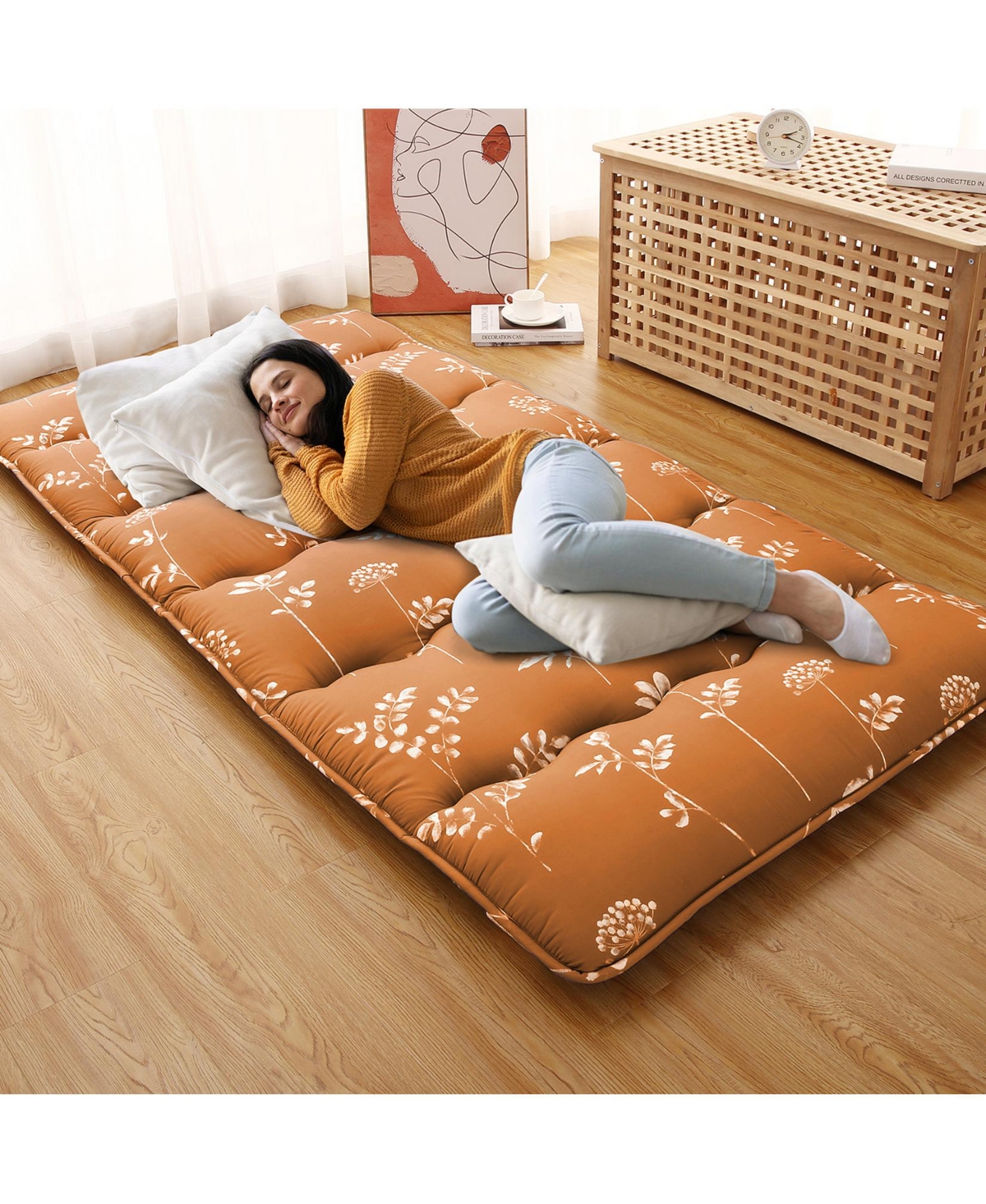 Caromio Futon Mattress Size, Floral Print Floor Mattress Pad Portable Dorm Sleeping Pad, 39