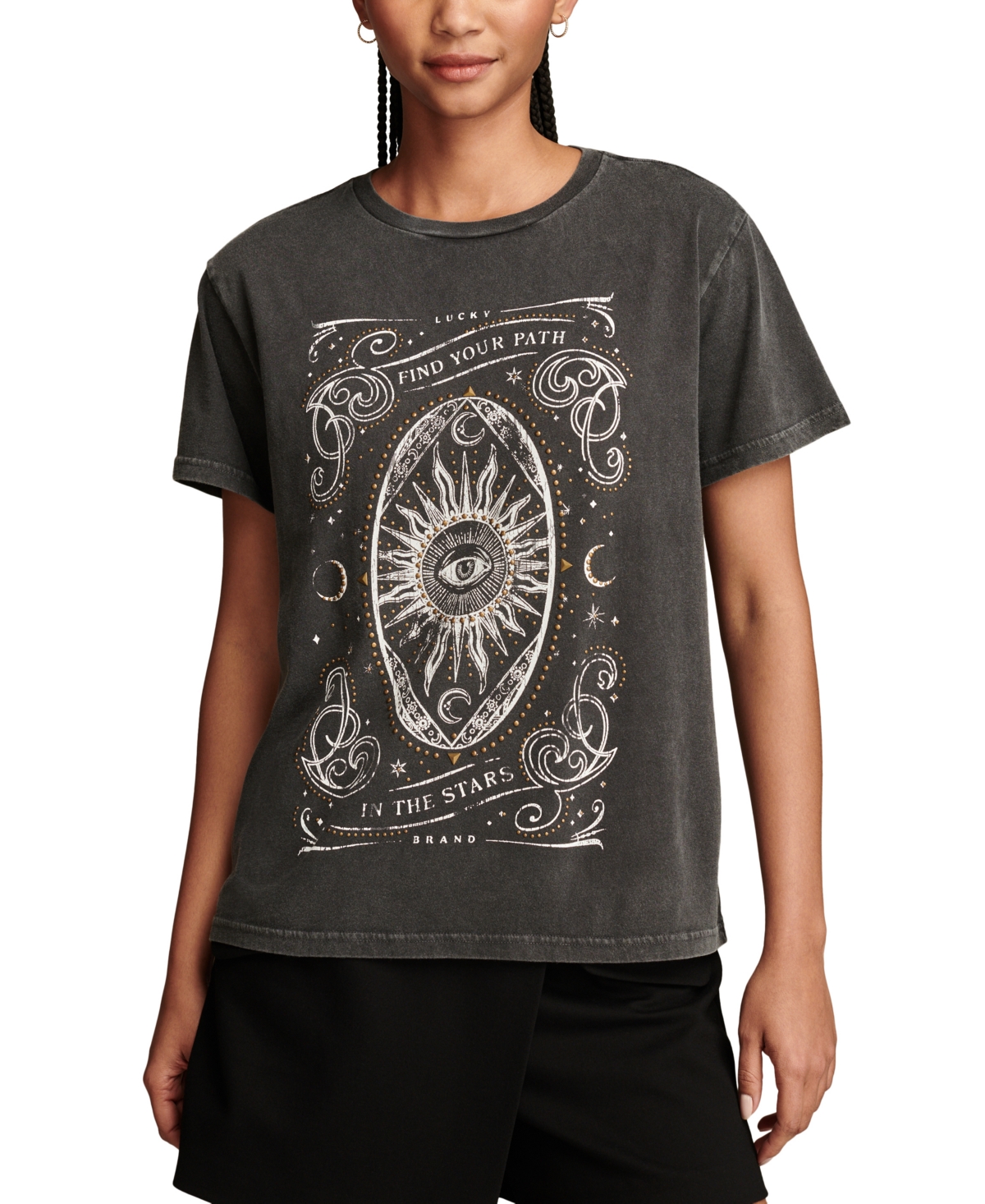 Shop Lucky Brand Women's Find Your Path Studded Graphic Print Boyfriend T-shirt In Jet Black